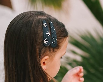 Dark Blue bloom and dots hand embroidered hair clips, floral embroidery,hair accessories, woman clips, 7 cm barrettes