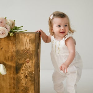 Rose flowers linen romper, white cotton/linen toddler overalls, organic baby hand embroidered outfit, ranunculus hand embroidery romper image 6