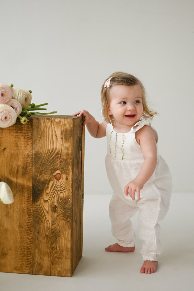 Rose flowers linen romper, white cotton/linen toddler overalls, organic baby hand embroidered outfit, ranunculus hand embroidery romper image 6