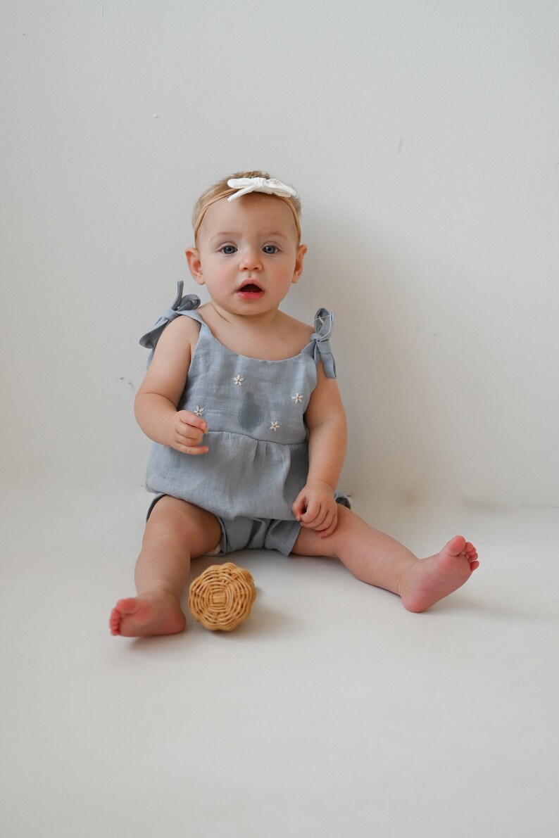 Toddler girl linen romper, summer romper for girl with hand embroidered flowers, 100% linen romper, photoshoot outfit, cake smash outfit image 9