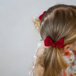 Small toddler hair bows, Mini Handtied 100% linen hair bows on soft hair elastic for pony tails and piggy tails, mommy and mini hair bows image 5