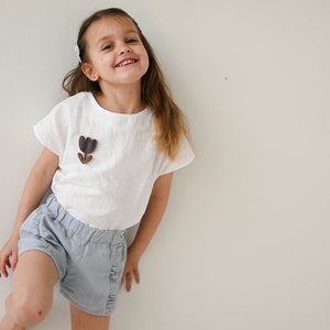 White basic linen top for girls or boys, unisex cotton/linen boxy tee, short sleeves, oversized look, fits longer, organic kids clothing, image 5