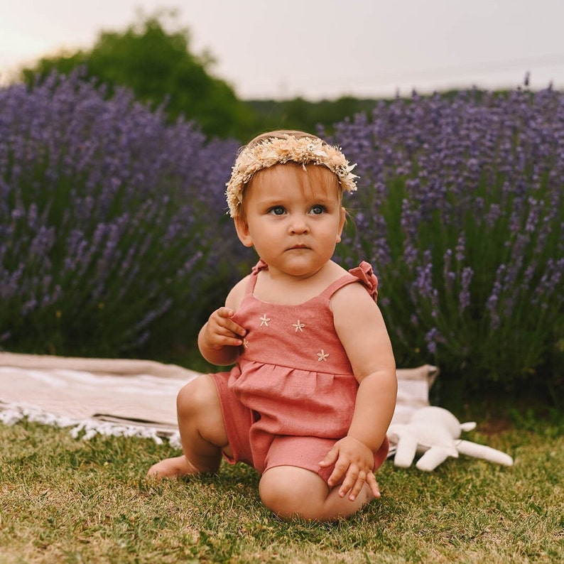 Toddler girl linen romper, summer romper for girl with hand embroidered flowers, 100% linen romper, photoshoot outfit, cake smash outfit image 1