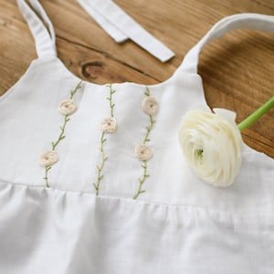 Rose flowers linen romper, white cotton/linen toddler overalls, organic baby hand embroidered outfit, ranunculus hand embroidery romper ivory roses