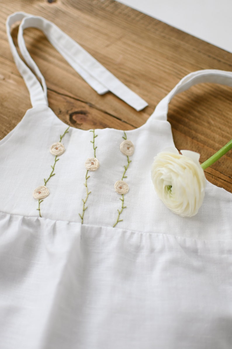 Rose flowers linen romper, white cotton/linen toddler overalls, organic baby hand embroidered outfit, ranunculus hand embroidery romper ivory roses