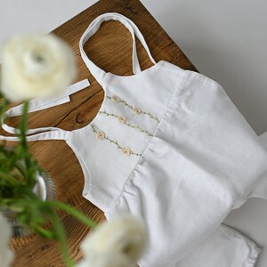 Rose flowers linen romper, white cotton/linen toddler overalls, organic baby hand embroidered outfit, ranunculus hand embroidery romper image 3