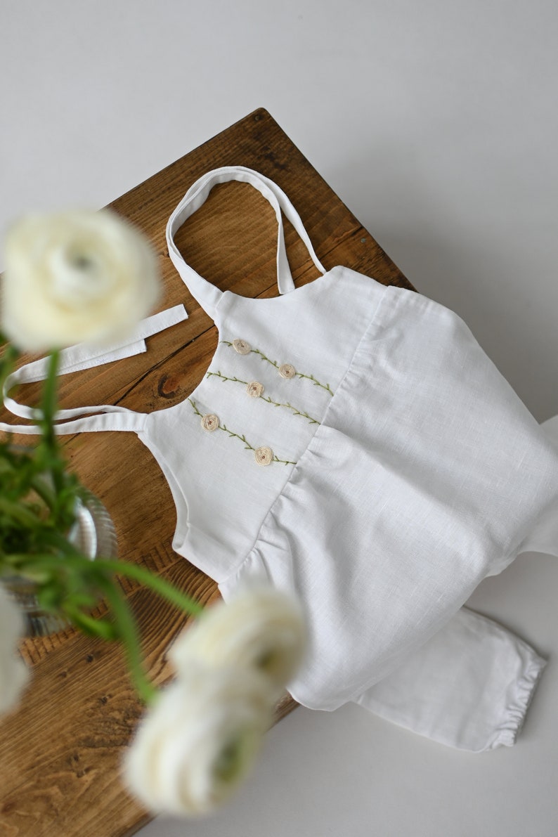 Rose flowers linen romper, white cotton/linen toddler overalls, organic baby hand embroidered outfit, ranunculus hand embroidery romper image 3