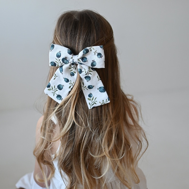 Midi or Large 100% Linen Bows on Clips 3 Floral Patterns Girls' and Women's Hair Accessories, blueberry lover gift image 1