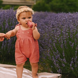 Toddler girl linen romper, summer romper for girl with hand embroidered flowers, 100% linen romper, photoshoot outfit, cake smash outfit image 6