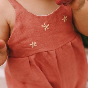 Toddler girl linen romper, summer romper for girl with hand embroidered flowers, 100% linen romper, photoshoot outfit, cake smash outfit salmon blush
