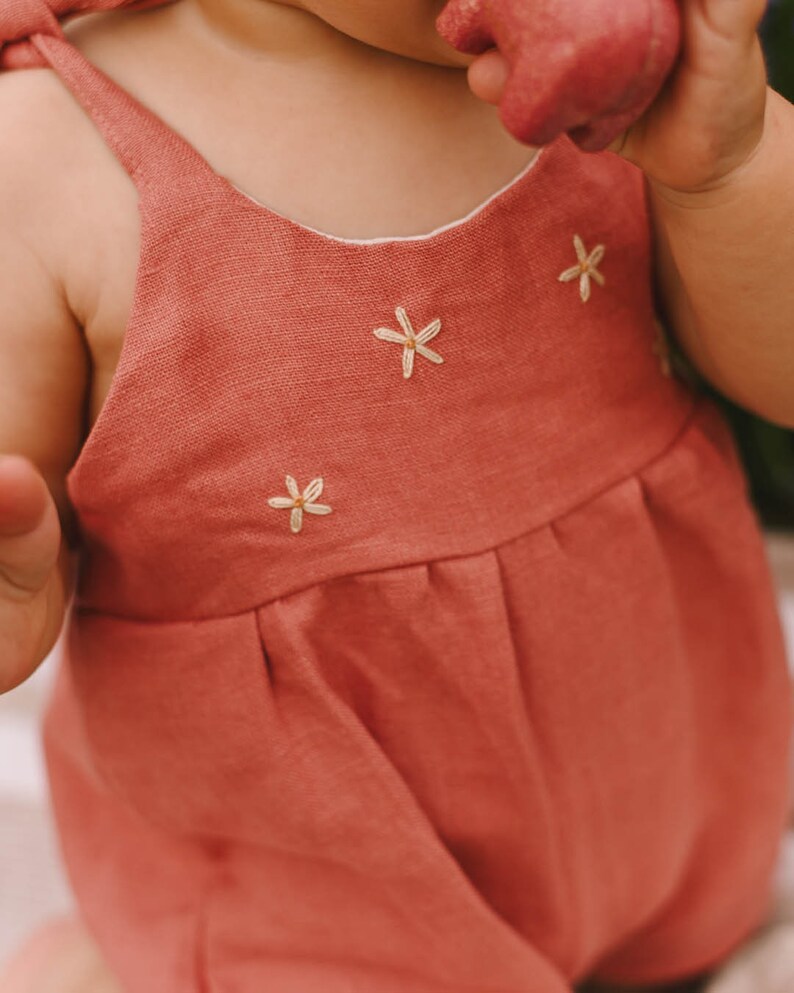 Toddler girl linen romper, summer romper for girl with hand embroidered flowers, 100% linen romper, photoshoot outfit, cake smash outfit salmon blush