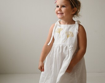 Gingko embroidery linen dress, yellow leaves hand embroidered girl dress, white embroidered linen/cotton outfit, birthday girl dress