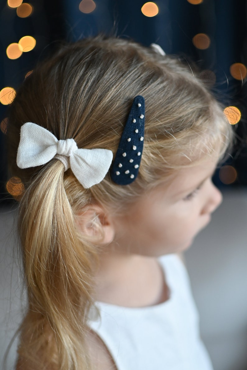 Dark blue polka dots hand embroidered hair clips and ivory floral clip, set of two 2 handmade hair clips, for thick and thin hair, soft image 3