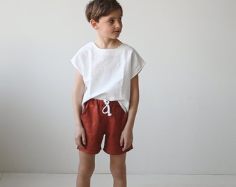 White basic linen top for girls or boys, unisex cotton/linen boxy tee, short sleeves, oversized look, fits longer, organic kids clothing,