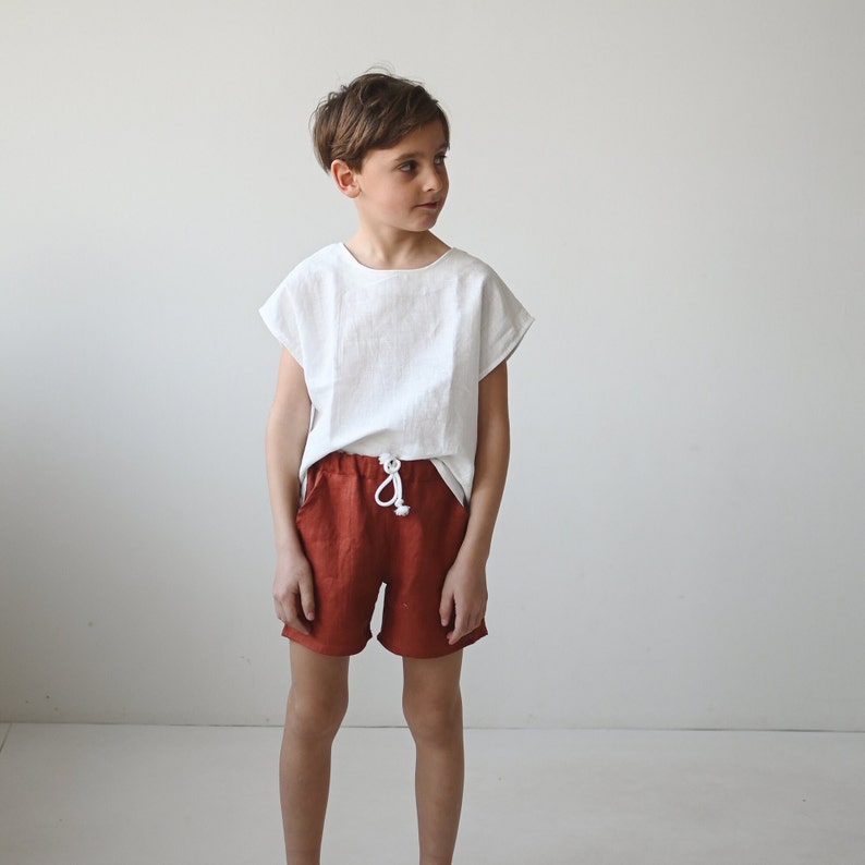 White basic linen top for girls or boys, unisex cotton/linen boxy tee, short sleeves, oversized look, fits longer, organic kids clothing, image 1