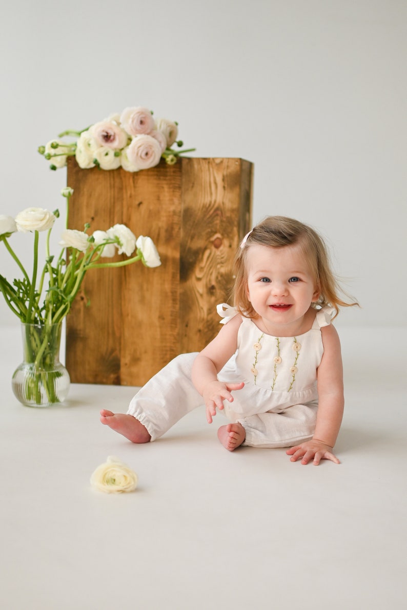 Rose flowers linen romper, white cotton/linen toddler overalls, organic baby hand embroidered outfit, ranunculus hand embroidery romper image 5