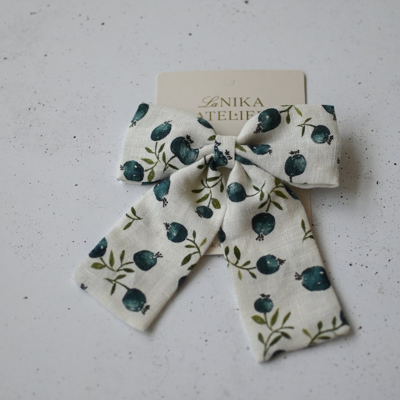 Midi or Large 100% Linen Bows on Clips 3 Floral Patterns Girls' and Women's Hair Accessories, blueberry lover gift Blueberry