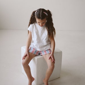 White basic linen top for girls or boys, unisex cotton/linen boxy tee, short sleeves, oversized look, fits longer, organic kids clothing, image 9