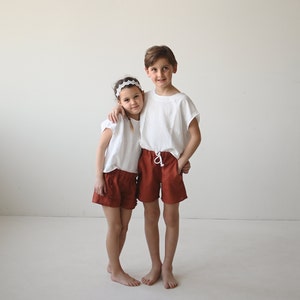 White basic linen top for girls or boys, unisex cotton/linen boxy tee, short sleeves, oversized look, fits longer, organic kids clothing, image 2