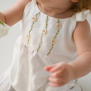Rose flowers linen romper, white cotton/linen toddler overalls, organic baby hand embroidered outfit, ranunculus hand embroidery romper image 7