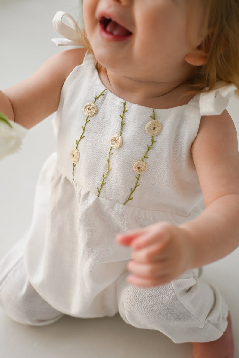 Rose flowers linen romper, white cotton/linen toddler overalls, organic baby hand embroidered outfit, ranunculus hand embroidery romper image 7