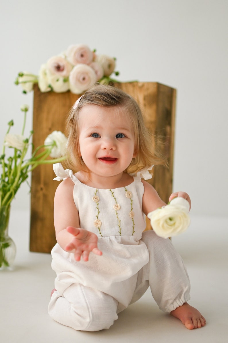 Rose flowers linen romper, white cotton/linen toddler overalls, organic baby hand embroidered outfit, ranunculus hand embroidery romper image 2