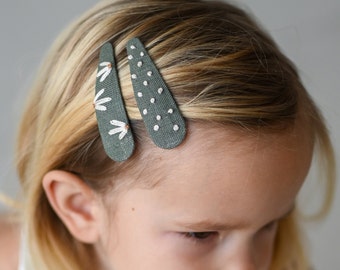 Bloom + dots hair clips, sage green hand embroidered hair clips, 7cm big adult and kids barrette clips, floral hand embroidery