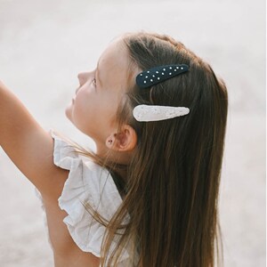 Dark blue polka dots hand embroidered hair clips and ivory floral clip, set of two 2 handmade hair clips, for thick and thin hair, soft image 5