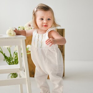 Rose flowers linen romper, white cotton/linen toddler overalls, organic baby hand embroidered outfit, ranunculus hand embroidery romper image 8