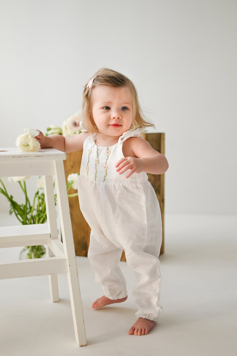 Rose flowers linen romper, white cotton/linen toddler overalls, organic baby hand embroidered outfit, ranunculus hand embroidery romper image 8