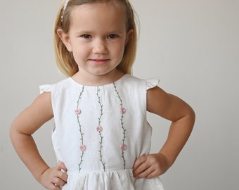 Girl linen and cotton dress in white with hand embroidery, embroidered flower dress, special occasion dress, heirloom birthday dress