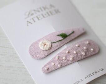 Enchanting Blooms: Set of Two Handmade Baby Pink Hair Clips with Embroidered Details, Rose flower and dots