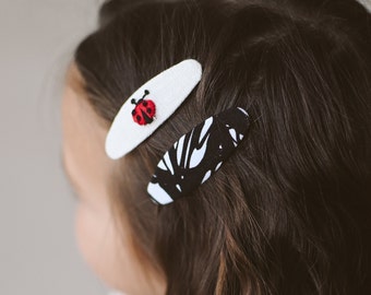 Ladybug hand embroidered hair clips, 6cm adult and kids barrette clips, ladybug hand embroidery, soft fabric oval snap clips