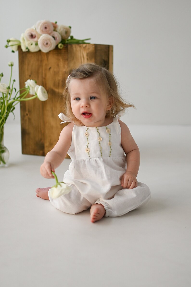 Rose flowers linen romper, white cotton/linen toddler overalls, organic baby hand embroidered outfit, ranunculus hand embroidery romper image 4