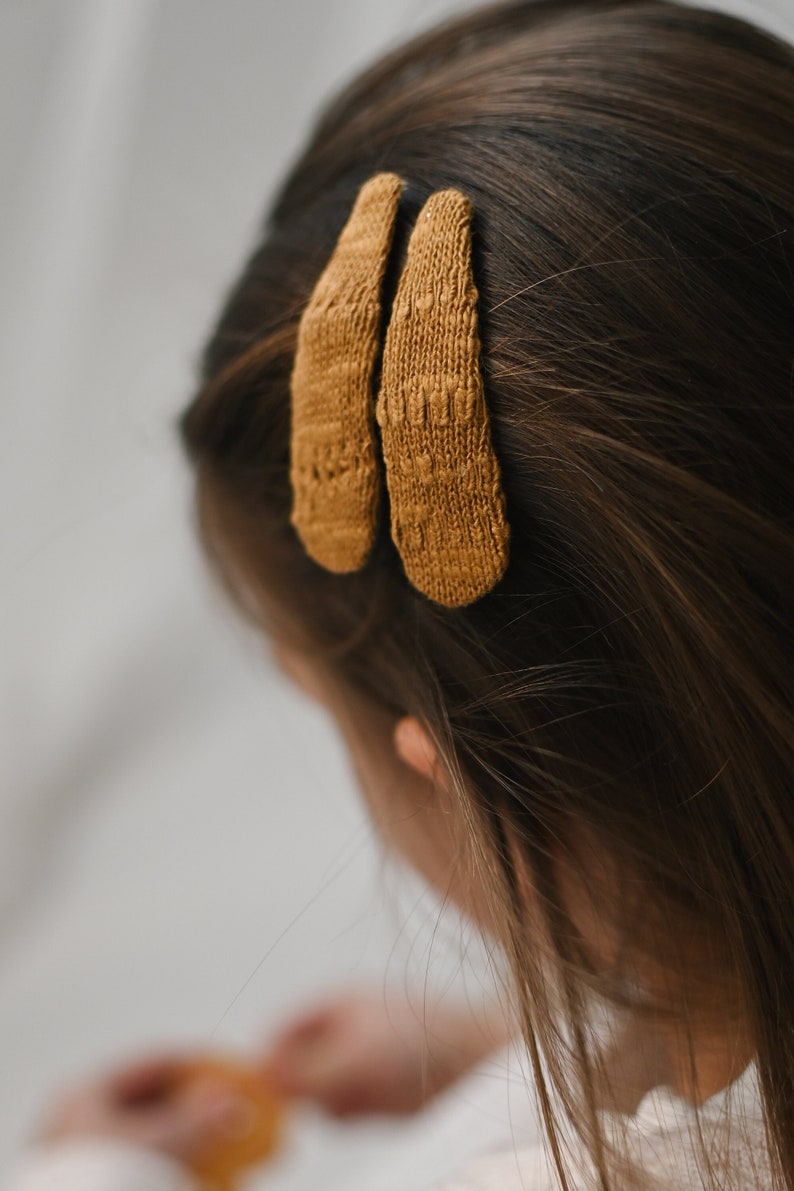 Pinces à cheveux dHalloween jaune moutarde, accessoire de cheveux de Thanksgiving pour filles et femmes, tissu doux en coton biologique tricoté, ensemble de clips instantanés image 4