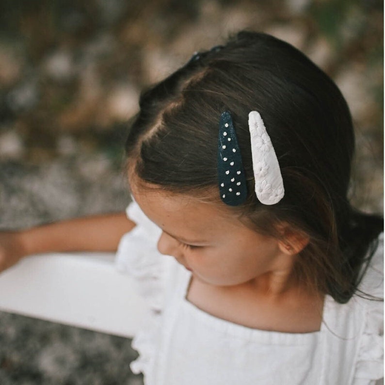 Dark blue polka dots hand embroidered hair clips and ivory floral clip, set of two 2 handmade hair clips, for thick and thin hair, soft image 1