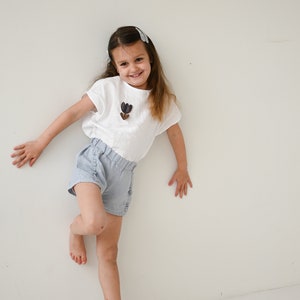 White basic linen top for girls or boys, unisex cotton/linen boxy tee, short sleeves, oversized look, fits longer, organic kids clothing, image 7