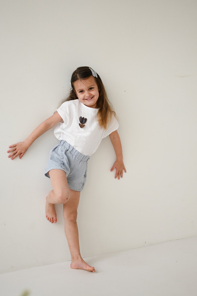 White basic linen top for girls or boys, unisex cotton/linen boxy tee, short sleeves, oversized look, fits longer, organic kids clothing, image 7