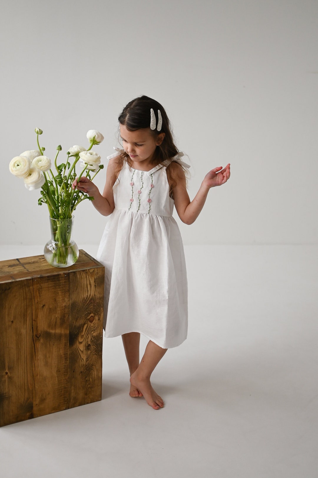 Rose Flower White Dress Hand Embroidered Linen/cotton Outfit Etsy