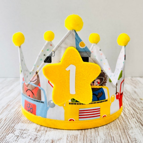 Colorful Handmade Fabric Birthday Crown featuring Cars and Animals Design - Cute Headpiece for childrens