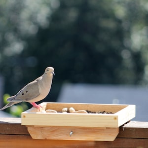 Railing mounted tray bird feeder,  Platform feeder with screen bottom to keep seed dry, solid Cedar