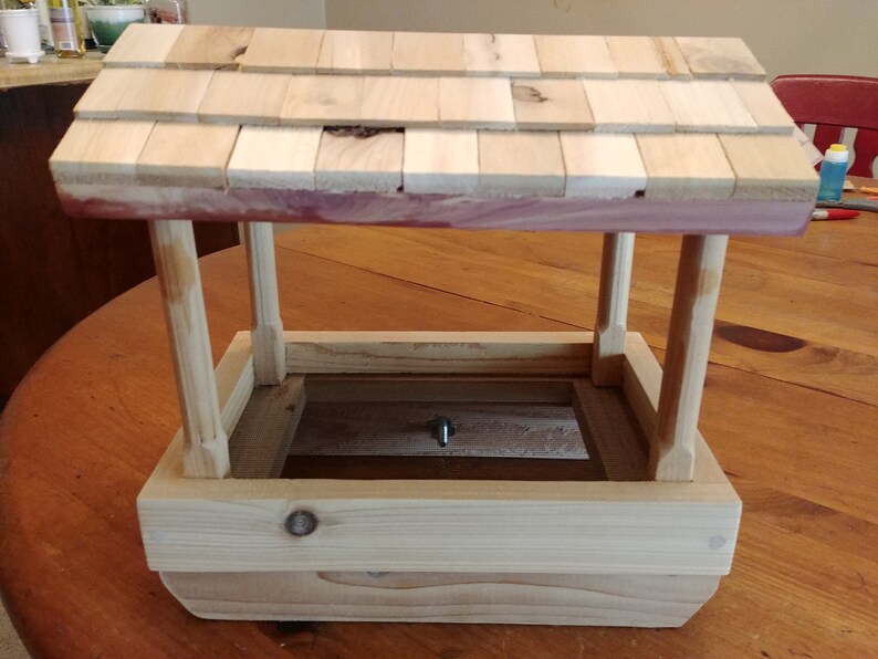 Railing mount tray bird feeder with rustic shingle roof Etsy