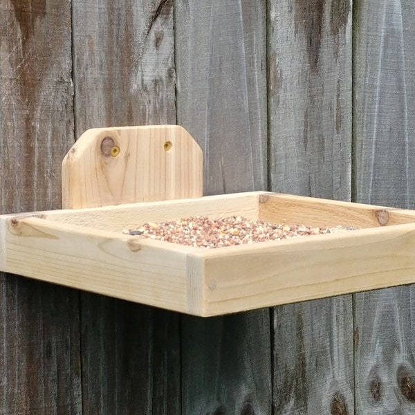 Side Mount tray bird feeder, Platform feeder with screen bottom to keep seed dry, Natural Cedar