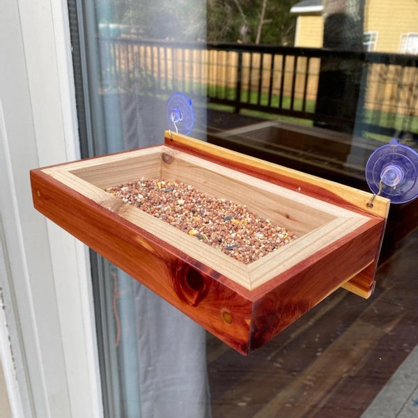 Window Mounted tray bird feeder, Red cedar with screen mesh bottom