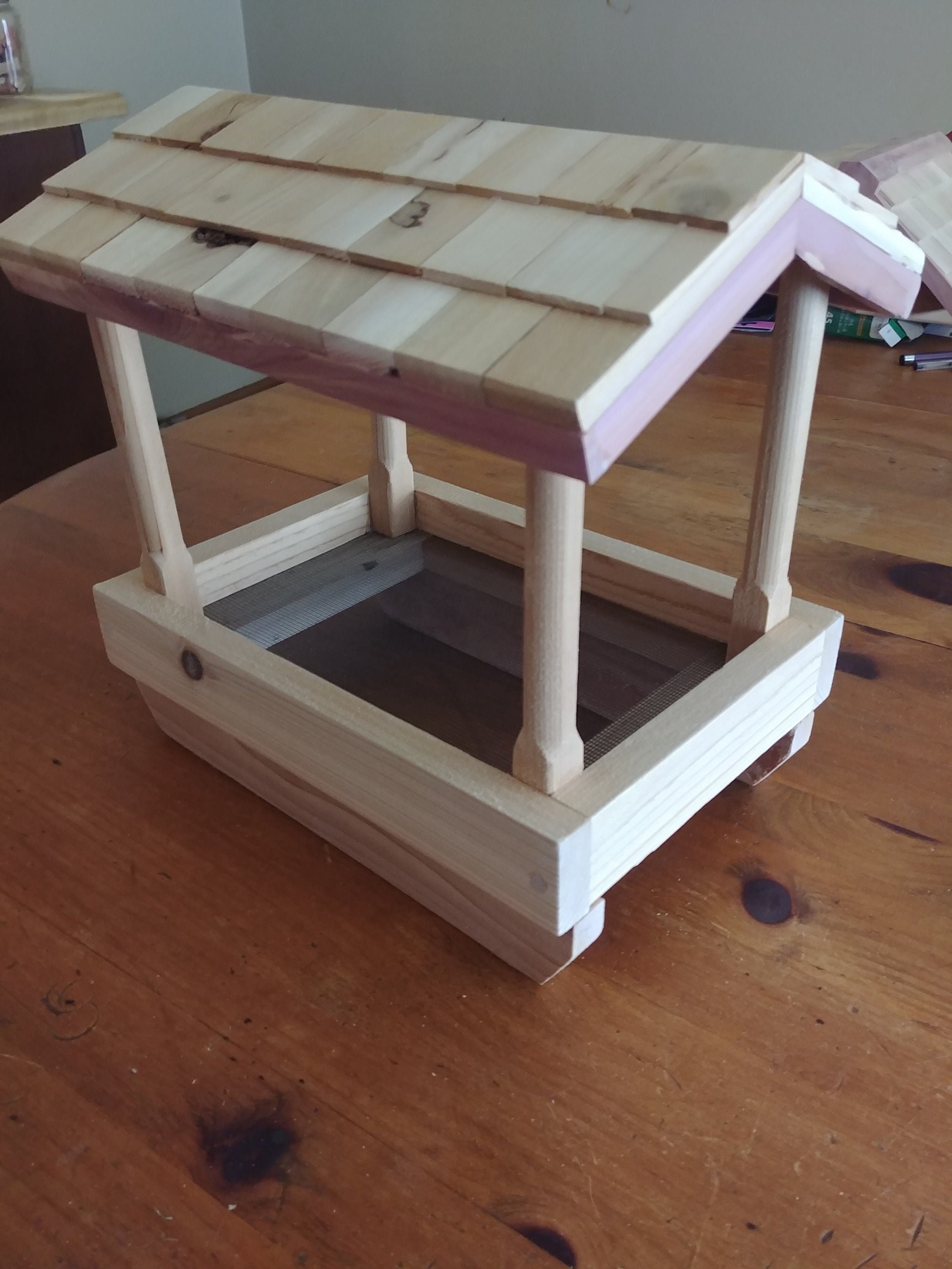 Railing mount tray bird feeder with rustic shingle roof Etsy