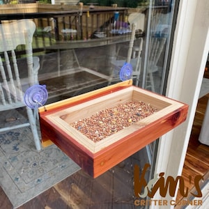 Window Mounted tray bird feeder, Red cedar with screen mesh bottom
