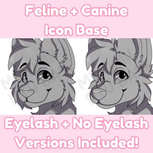 Puede incluir: Una base de icono de arte digital con un diseño felino y canino en gris. La imagen incluye dos versiones: una con pestañas y otra sin ellas. El texto en la parte superior dice "Feline + Canine Icon Base" y en la parte inferior "Eyelash + No Eyelash Versions Included!"