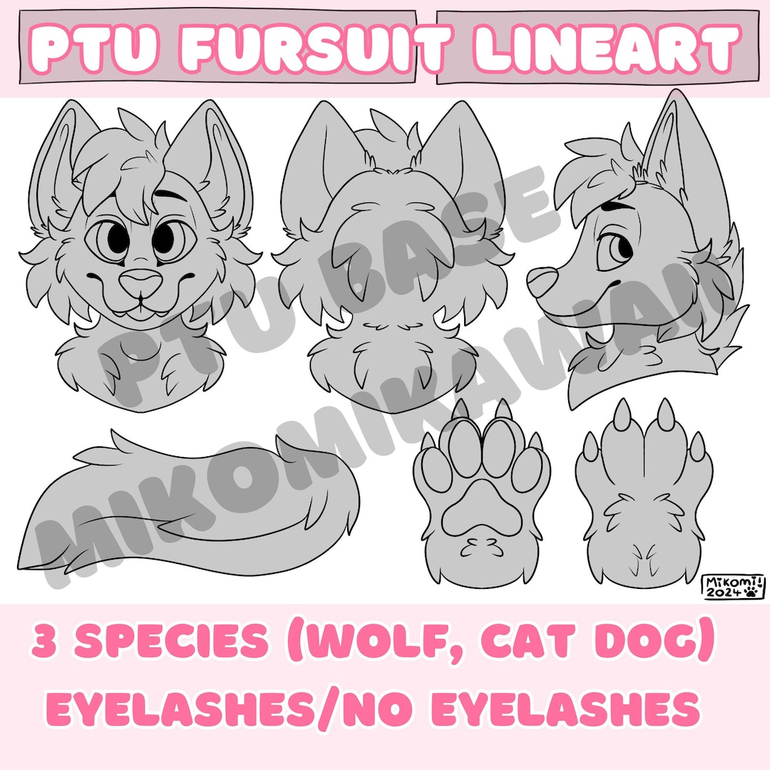 Fursuit Partial Ref Sheet Lineart , PTU Furry Art Base, Cat, Dog, Wolf ...