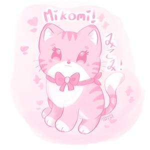 May include: A pink cartoon cat with a pink bow and a pink background. The cat has a white belly and a pink nose. The text "Mikomi!" is written in pink above the cat. The text "みこみ!" is written in pink to the right of the cat.