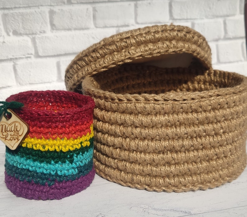 Cesta de yute de ganchillo con una tapa hecha a mano natural | Etsy